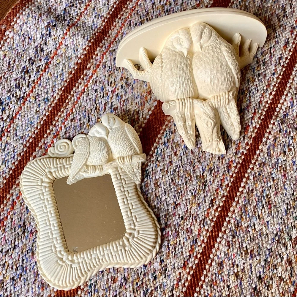 Vintage Burwood Lovebird Doves Mirror and Shelf Two Piece Set